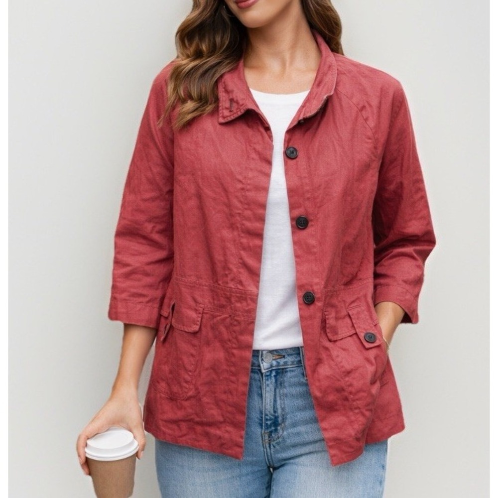 Jones New York Women Salmon Linen Blend 3/4 Sleeve Utility Jacket M RN 54050